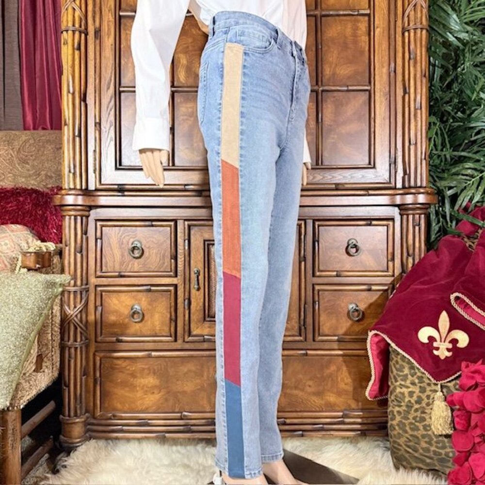 DG2 Faux Suede Patchwork Stripe Vintage Wash Cotton Blend Stretch Jean Tall